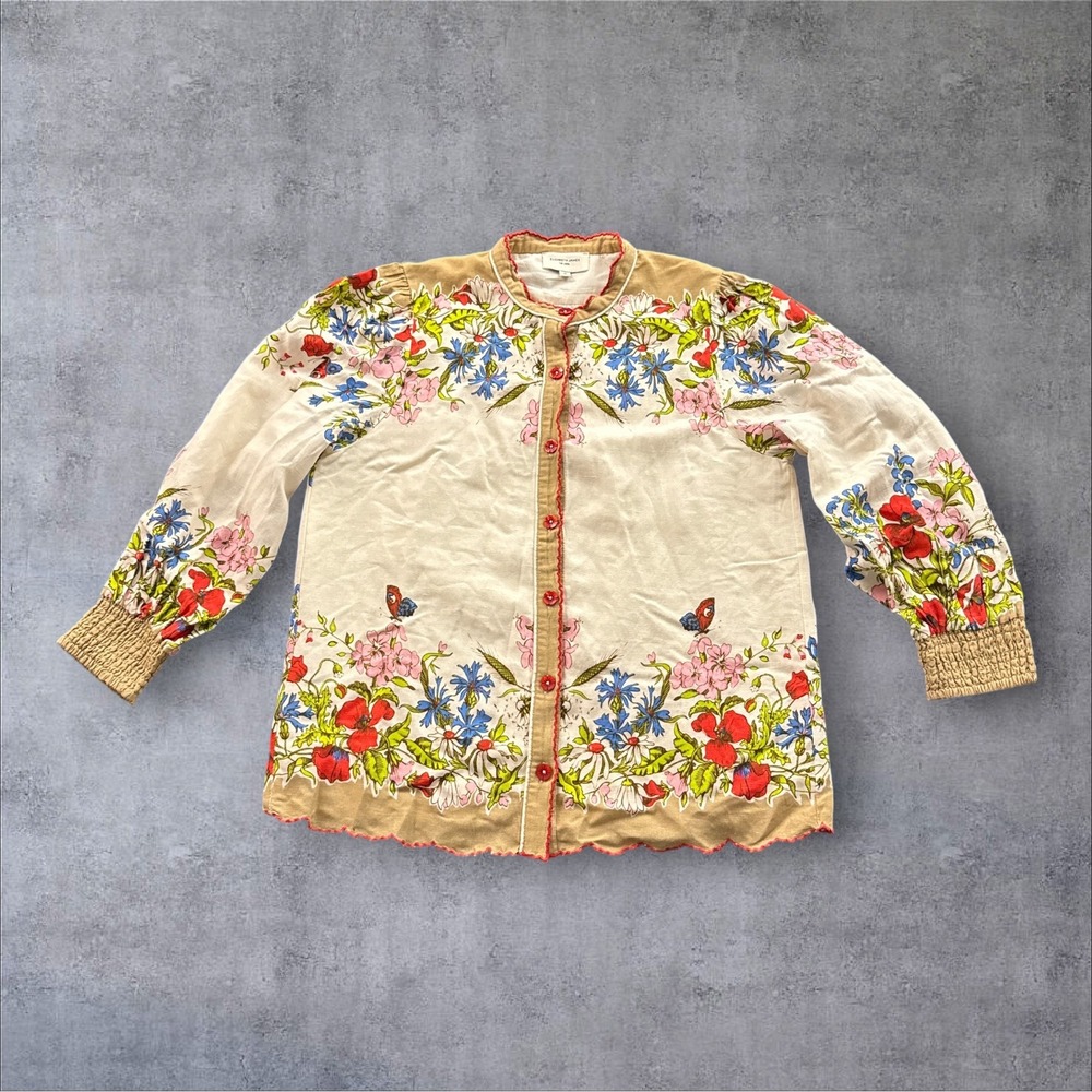 Elizabeth James The Label Floral Blouse Womens Medium White Linen Blend Smocked